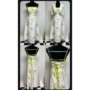 Y2K Morgan Co Prom Dress Lime Green Embroidery Sz 11/12 Fairy Wedding Lace Up